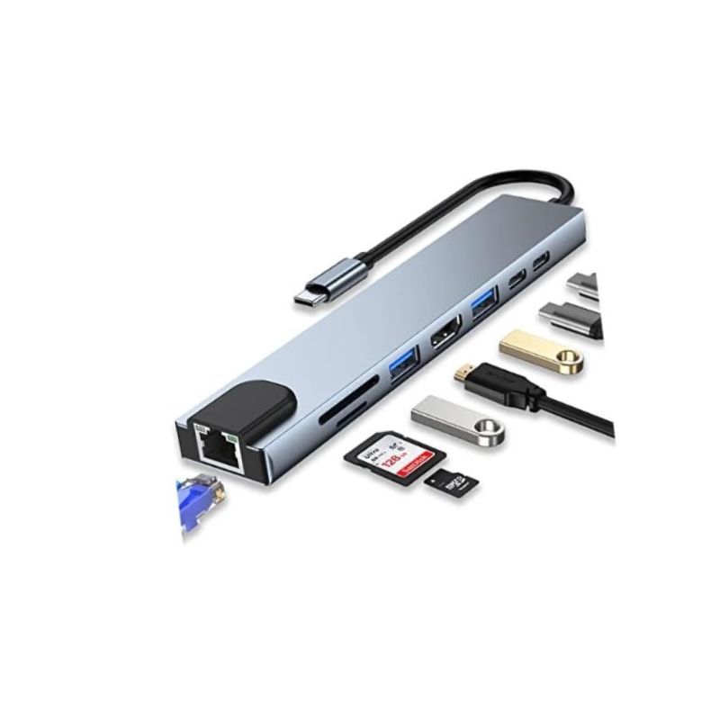 USB C HUB 8 in 1 With (4K HDMI,LAN,USB C Port, USB 3.0,PD,SD And TF Card Slot)
