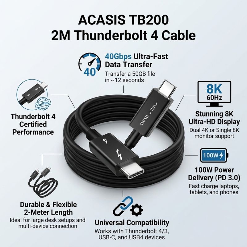ACASIS TB200 2M Thunderbolt 4 Cable Up to 40 Gbps & 8K at 60Hz