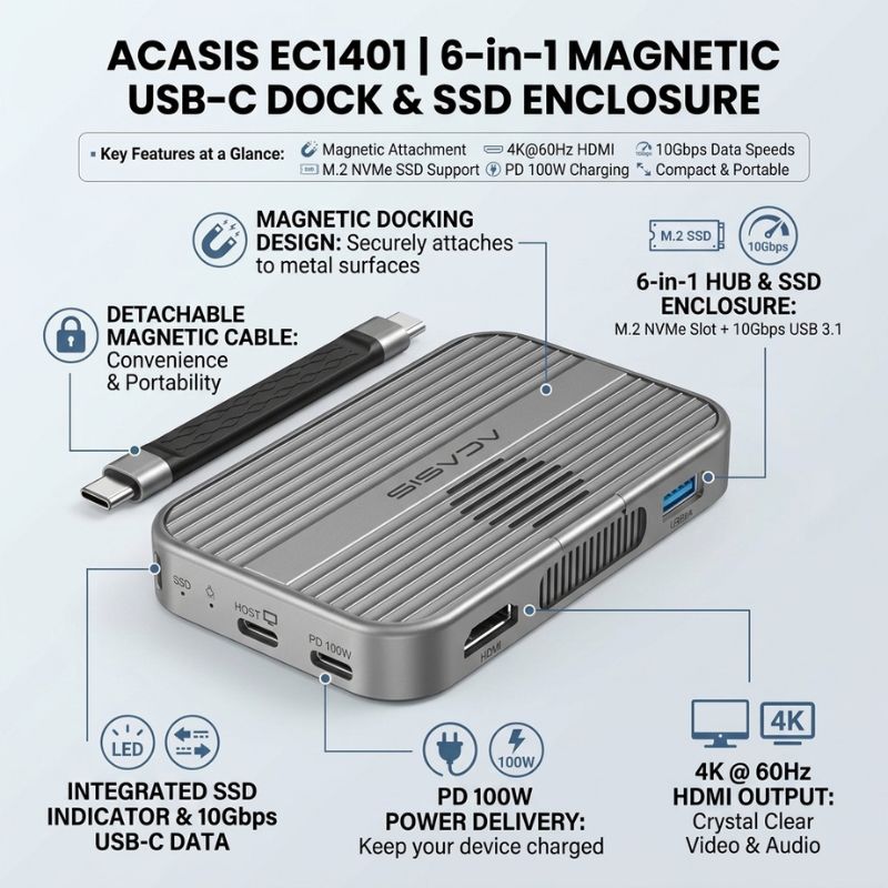 ACASIS EC1401 6-in-1 Magnetic USB-C Dock & M.2 NVMe SSD Enclosure
